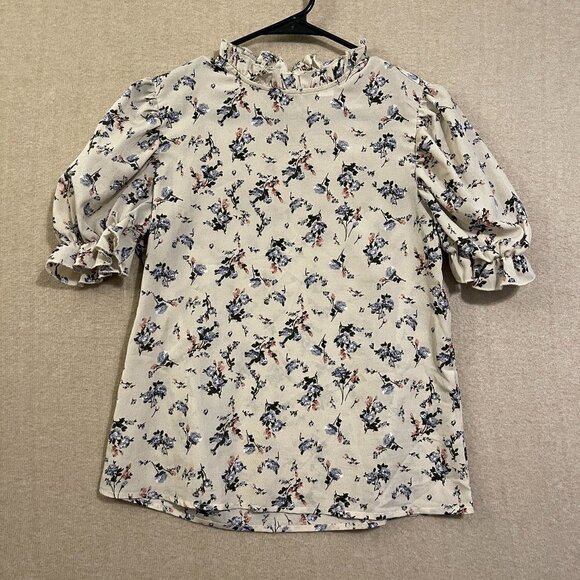 Unbranded Blouse Women's XSmall Tan Floral Pullover Short Sleeves - Picture 1 of 12